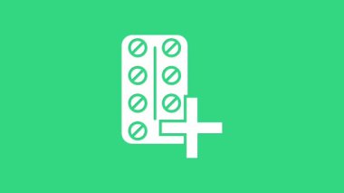 Yeşil arka planda, su toplayan beyaz haplar izole edilmiş. İlaç paketi. Tablet, vitamin, antibiyotik, aspirin. 4K Video hareketli grafik canlandırması