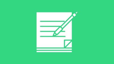 Yeşil arkaplanda beyaz boş defter ve kalem simgesi var. Kağıt ve kalem. 4K Video hareketli grafik canlandırması