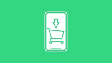 Beyaz cep telefonu ve alışveriş arabası simgesi yeşil arka planda izole edilmiş. İnternetten satın alma sembolü. Süpermarket sepeti sembolü. 4K Video hareketli grafik canlandırması