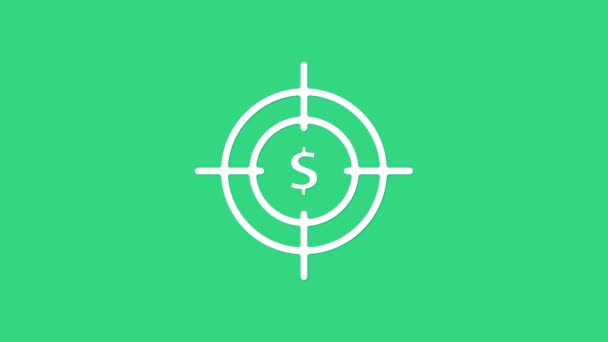 Blanco objetivo con símbolo de dólar icono aislado sobre fondo verde. Icono de inversión objetivo. Concepto de negocio exitoso. Signo de dinero o efectivo. Animación gráfica de vídeo 4K — Vídeo de stock