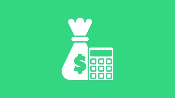 Bílá kalkulačka s ikonou tašky na peníze izolované na zeleném pozadí. Účetní znamení. Vypočítejte finanční symbol. Grafická animace pohybu videa 4K — Stock video