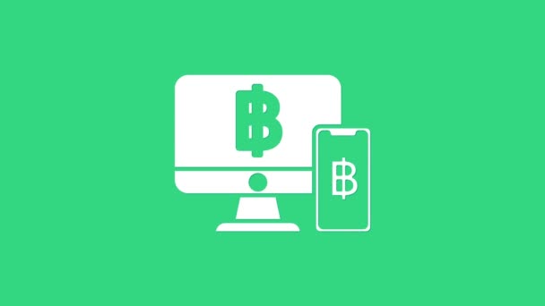 Monitor de computador branco com telefone celular e ícone bitcoin isolado no fundo verde. Conceito de compras online. Ganhos na Internet. Animação gráfica em movimento de vídeo 4K — Vídeo de Stock