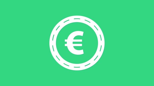 Monnaie de monnaie blanche avec icône symbole euro isolé sur fond vert. Signe de devise bancaire. Symbole cash. Animation graphique de mouvement vidéo 4K — Video