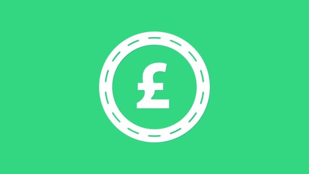 Moeda branca dinheiro com libra esterlina símbolo ícone isolado no fundo verde. Sinal de moeda bancária. Símbolo. Animação gráfica em movimento de vídeo 4K — Vídeo de Stock