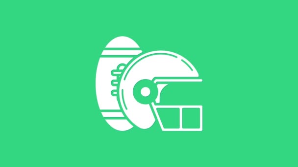 Pallone da football americano bianco e icona del casco isolato su sfondo verde. Set di attrezzature sportive. Animazione grafica 4K Video motion — Video Stock