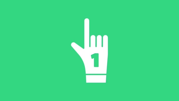 Blanco Número 1 un guante de mano del ventilador con dedo levantado icono aislado sobre fondo verde. Símbolo de apoyo del equipo en las competiciones. Animación gráfica de vídeo 4K — Vídeos de Stock