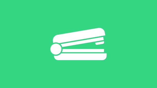 Weißes Büroklammer-Symbol isoliert auf grünem Hintergrund. Heftklammern, Heftklammern, Papier, Karton, Bürogeräte. 4K Video Motion Grafik Animation — Stockvideo