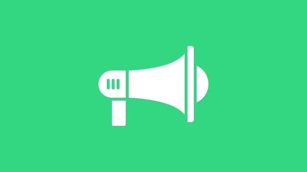 Λευκή εικόνα Megaphone απομονωμένη σε πράσινο φόντο. Έννοια ηχητικού συναγερμού. Bullhorn για Mouthpiece προώθηση κραυγή. 4K Γραφική κίνηση κίνησης βίντεο — Αρχείο Βίντεο