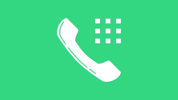 Белый телефон значок телефона изолирован на зеленом фоне. Телефонный знак. Видеографическая анимация 4K — стоковое видео