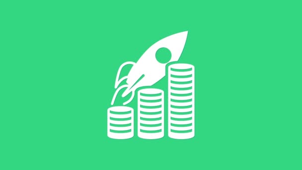 Білі Ракети, що літають вгору на іконі зростання монет, ізольовані на зеленому фоні. Граф, який показує зростання продажів. 4K Відеографічна анімація — стокове відео