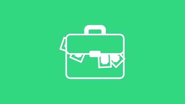 White Briefcase and money icon isolated on green background. Business case sign. Business portfolio. 4K Video motion graphic animation — Stock Video