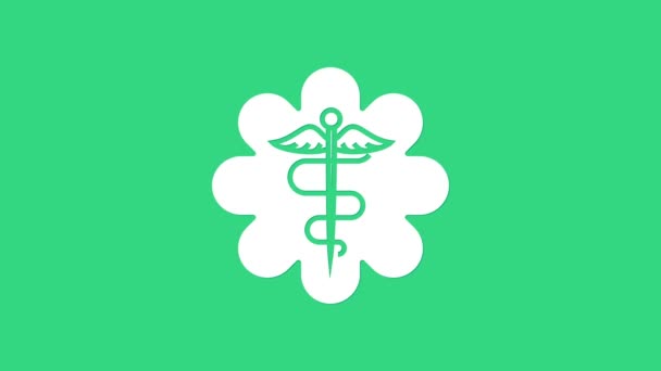 Estrela de emergência branca - símbolo médico Caduceus cobra com vara ícone isolado no fundo verde. Estrela da Vida. Animação gráfica em movimento de vídeo 4K — Vídeo de Stock