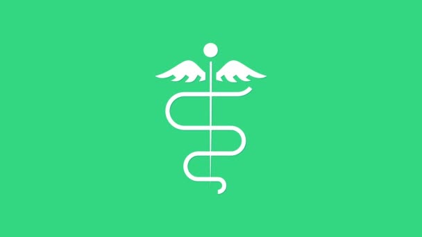 Bílý Caduceus had lékařský symbol ikona izolované na zeleném pozadí. Medicína a zdravotní péče. Znak pro drogerii nebo medicínu, lékárnu. Grafická animace pohybu videa 4K — Stock video