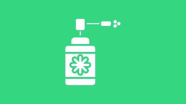 Botella médica blanca con spray de boquilla para el tratamiento de enfermedades de la nariz y la garganta icono aislado sobre fondo verde. Animación gráfica de vídeo 4K — Vídeos de Stock