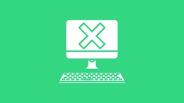 キーボードと緑の背景に隔離されたxマークのアイコンを持つホワイトコンピュータ。エラーウィンドウ、終了ボタン、キャンセル、 404エラーページは概念が見つかりませんでした。4Kビデオモーショングラフィックアニメーション — ストック動画