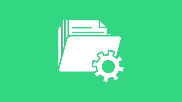 Pengaturan Folder Putih dengan ikon gigi diisolasi pada latar belakang hijau. Pemutakhiran perangkat lunak, protokol transfer, manajemen alat kerja tim. Animasi grafis gerak Video 4K — Stok Video