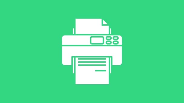 Icono de impresora blanca aislado sobre fondo verde. Animación gráfica de vídeo 4K — Vídeo de stock