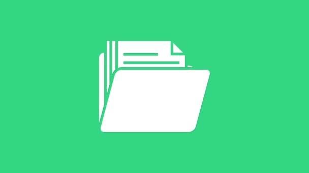 Значок папки White Document изолирован на зеленом фоне. Символ бухгалтерского папки. Бухгалтерское управление. Видеографическая анимация 4K — стоковое видео