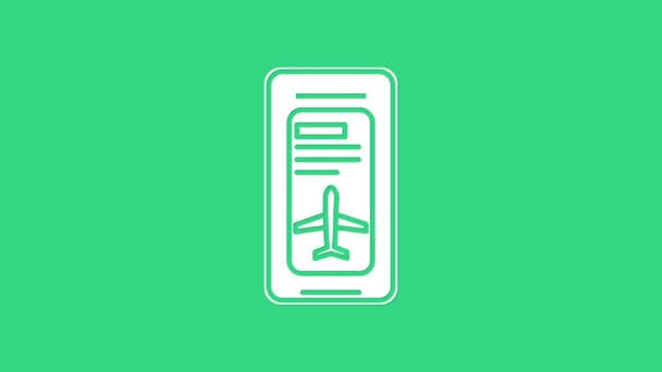 緑の背景に隔離された航空券のアイコンを渡す電子搭乗とホワイトスマートフォン。Webとアプリの旅客機のモバイルチケット。4Kビデオモーショングラフィックアニメーション — ストック動画