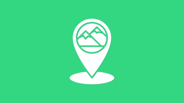 Puntero Mapa Blanco con icono de montaña aislado sobre fondo verde. Montañas icono de viaje. Animación gráfica de vídeo 4K — Vídeos de Stock