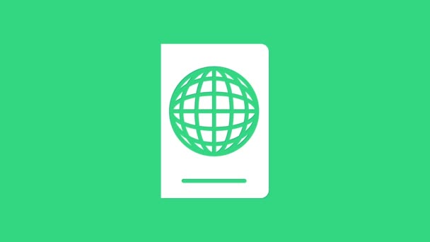 白色护照，带有绿色背景的生物识别数据图标。身份证明文件。4K视频运动图形动画 — 图库视频影像