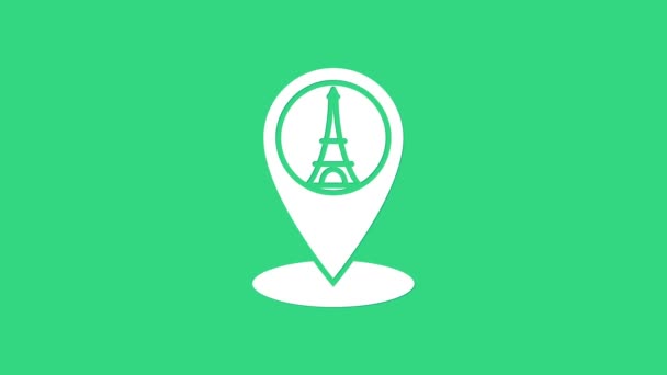 白色地图指针与埃菲尔铁塔图标隔离在绿色背景。法国巴黎的标志性标志。4K视频运动图形动画 — 图库视频影像