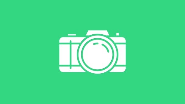 Λευκό εικονίδιο φωτογραφικής μηχανής απομονωμένο σε πράσινο φόντο. Εικονίδιο φωτογραφικής μηχανής. 4K Γραφική κίνηση κίνησης βίντεο — Αρχείο Βίντεο