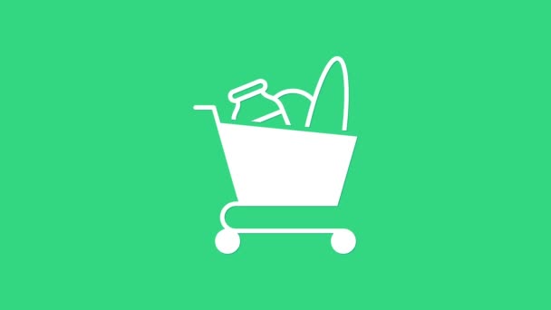 Witte winkelwagen en voedsel pictogram geïsoleerd op groene achtergrond. Levensmiddelenwinkel, supermarkt. 4K Video motion grafische animatie — Stockvideo