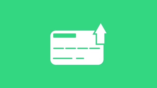 Icono de tarjeta de crédito blanca aislado sobre fondo verde. Pago en línea. Retiro de efectivo. Operaciones financieras. Señal de compra. Animación gráfica de vídeo 4K — Vídeo de stock