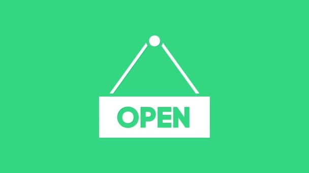 Білий знак підвіски з текстом Відкриті двері ізольовані на зеленому фоні. 4K Відео рух графічна анімація — стокове відео