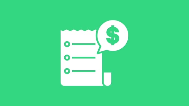 Icono de verificación del Libro Blanco y verificación financiera aislado sobre fondo verde. Comprobación de impresión de papel, recibo de la tienda o factura. Animación gráfica de vídeo 4K — Vídeos de Stock