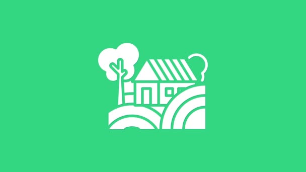 Ícone conceito White Farm House isolado no fundo verde. Paisagem rural rústica. Animação gráfica em movimento de vídeo 4K — Vídeo de Stock
