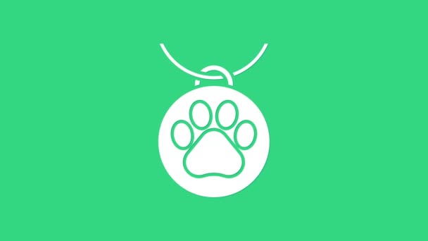 Collare bianco con icona con tag nome isolato su sfondo verde. Forniture per animali domestici. Impronta zampa cane o gatto. Cura dei cani e dei gatti. Catene per animali. Animazione grafica 4K Video motion — Video Stock