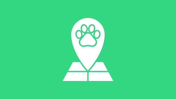 Wskaźnik White Map ze szpitalem weterynaryjnym, kliniką lub sklepem zoologicznym dla ikony zwierząt izolowanej na zielonym tle. Klinika weterynaryjna. 4K Animacja graficzna ruchu wideo — Wideo stockowe