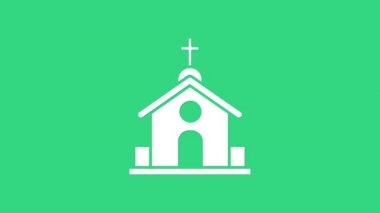 Beyaz Kilise binası ikonu yeşil arka planda izole edildi. Hıristiyan Kilisesi. Kilisenin dini. 4K Video hareketli grafik canlandırması