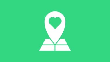 Yeşil arkaplanda kalp simgesi olan beyaz harita işaretçisi. Sevgililer Günü. Aşk yeri. Romantik harita iğnesi. 4K Video hareketli grafik canlandırması