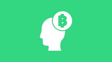 Beyaz Bitcoin yeşil arkaplanda izole edilmiş bir simge olduğunu düşünüyor. Kripto para birimi başı. Engelleme teknolojisi, dijital para piyasası, şifreli para cüzdanı. 4K Video hareketli grafik canlandırması
