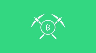 Beyaz Haç kazma simgesi yeşil arkaplanda izole edildi. Engelleme teknolojisi, kripto para madenciliği, bitcoin, altsikkeler, dijital para piyasası. 4K Video hareketli grafik canlandırması