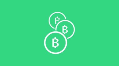 Yeşil arka planda beyaz kripto para Bitcoin simgesi izole edildi. Madeni para. Engelleme zinciri tabanlı şifreli para birimi. 4K Video hareketli grafik canlandırması