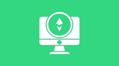 Beyaz Monitör ve Kripto Para Birimi Ethereum ETH simgesi yeşil arka planda izole edildi. Altcoin sembolü. Engelleme zinciri tabanlı şifreli para birimi. 4K Video hareketli grafik canlandırması