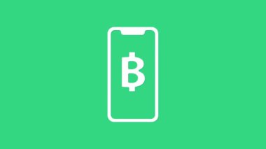 Beyaz Telefon cep telefonu ve kripto para birimi simgesi yeşil arka planda izole edilmiş. Madeni para. Engelleme zinciri tabanlı şifreli para birimi. 4K Video hareketli grafik canlandırması