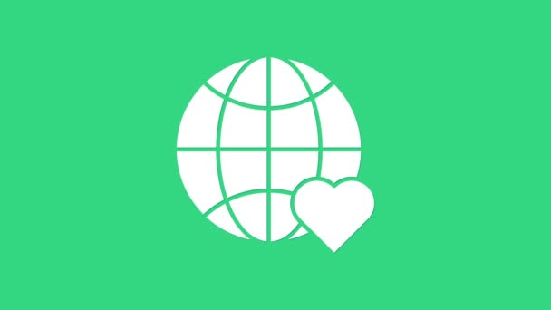 White The heart world - love icon isolated on green background. 4K Video motion graphic animation — Stock Video