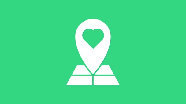 Puntero Mapa Blanco con icono de corazón aislado sobre fondo verde. Día de San Valentín. Ubicación del amor. Pin de mapa romántico. Animación gráfica de vídeo 4K — Vídeos de Stock