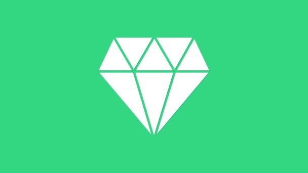 Ícone de diamante branco isolado no fundo verde. Símbolo de jóias. Pedra preciosa. Animação gráfica em movimento de vídeo 4K — Vídeo de Stock