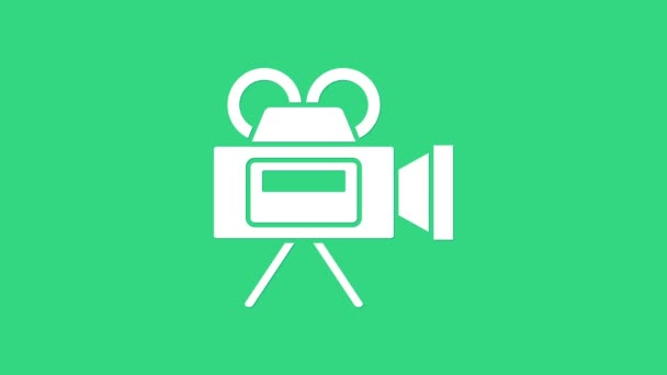 Значок камеры White Cinema выделен на зеленом фоне. Видеокамера. Кинознак. Кинопроектор. Видеографическая анимация 4K — стоковое видео