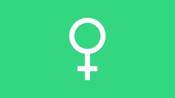 Icono de símbolo de género femenino blanco aislado sobre fondo verde. Símbolo Venus. El símbolo de un organismo femenino o una mujer. Animación gráfica de vídeo 4K — Vídeos de Stock