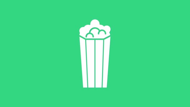 Palomitas blancas en caja de cartón icono aislado sobre fondo verde. Caja de palomitas de maíz. Animación gráfica de vídeo 4K — Vídeos de Stock