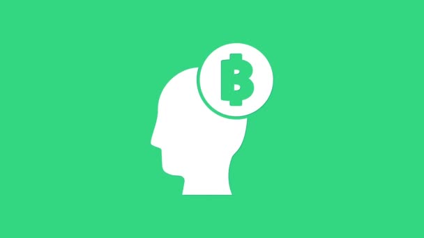 Иконка White Bitcoin выделена на зеленом фоне. Криптовалютная голова. Технология блокчейн, рынок цифровых денег, кошелек с криптомонетами. Видеографическая анимация 4K — стоковое видео