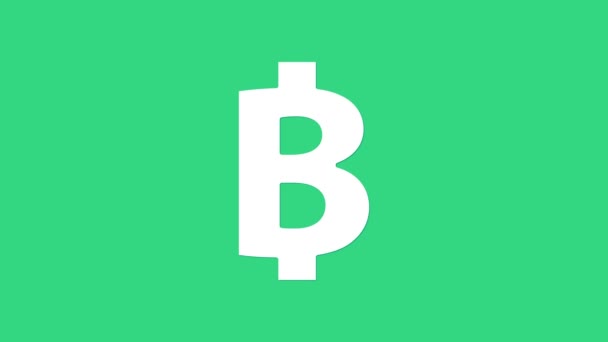 Moneda de criptomoneda blanca Icono de Bitcoin aislado sobre fondo verde. Una moneda física. Blockchain basado en criptomoneda segura. Animación gráfica de vídeo 4K — Vídeos de Stock