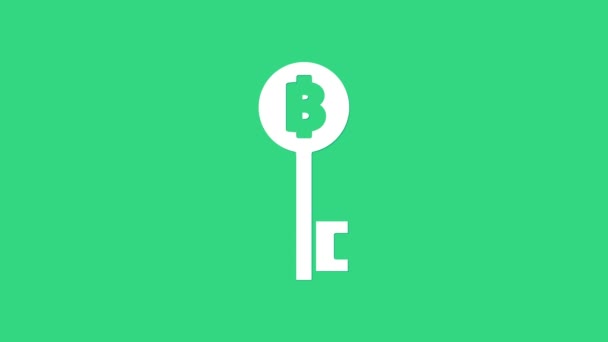 Witte Cryptogeld Bitcoin key icoon geïsoleerd op groene achtergrond. Concept van cyberbeveiliging of digitale sleutel met technologische interface. 4K Video motion grafische animatie — Stockvideo
